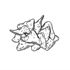 Monochrome Mexican triangle corn nachos chips heap vector isolated illustration painted by black inks. Handful of traditional fast food snack etching drawing for menu design, poster, banner, label