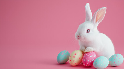 A white bunny with different Easter eggs sitting on a pink studio background.