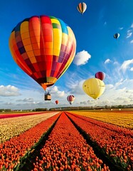 Fototapeta premium hot air balloons soaring over a vibrant tulip field 