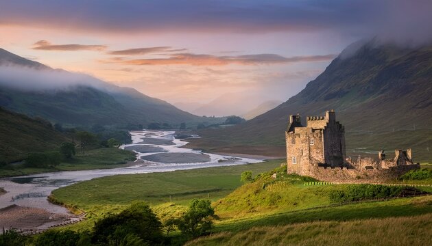 Scottish Highlands with a Misty Castle