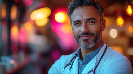 Confident doctor stands poised, radiating professionalism and trust in a glowing, soft-lit setting.