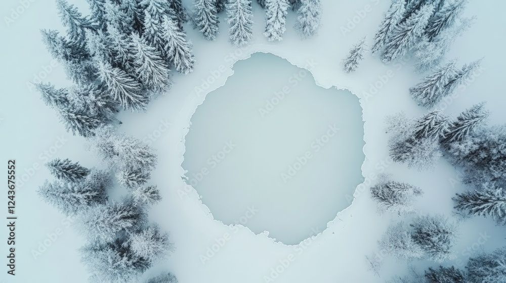 Poster capturing an aerial view of a frozen lake, surrounded by snow covered evergreen trees, showcases a s