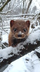 Obraz premium HD Phone Wallpaper Adorable Brown Mink Kit in Snowy Winter Woodland Close up