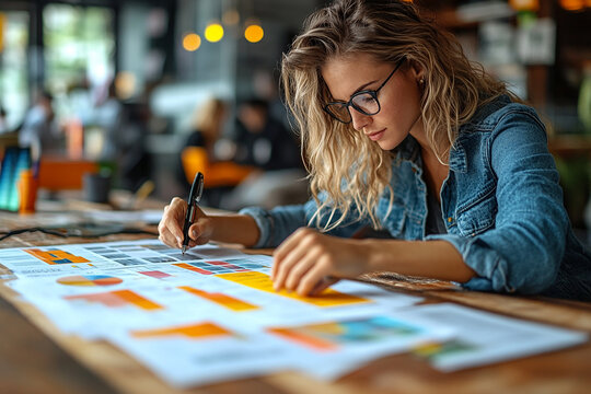 Creative Focus: A young female designer, wearing glasses, meticulously sketches ideas on a spread of colorful graphics, radiating a focused, driven energy.   - Powered by Adobe
