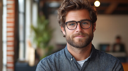 Naklejka premium Confident Professional: A handsome young man with a beard and glasses confidently looks at the camera. His relaxed posture and thoughtful gaze radiate intelligence and success.