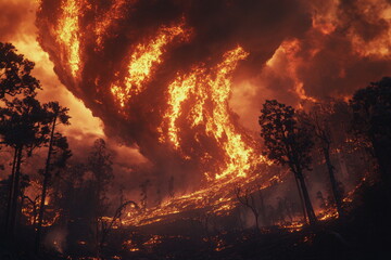 fire tornadoes during a volcanic eruption. pillars of flame to the sky