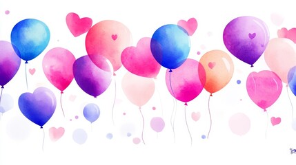 Watercolor Balloons and Hearts - Festive watercolor painting of colorful balloons and hearts, symbolizing joy, love, celebration, happiness, and friendship.