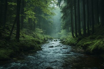 Obraz premium Verdant Forest Stream Flowing with Fresh Water through Green Foliage and Dark Trees in a Forest