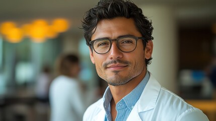 Obraz premium Confident doctor stands poised, radiating professionalism and trust in a glowing, soft-lit setting.