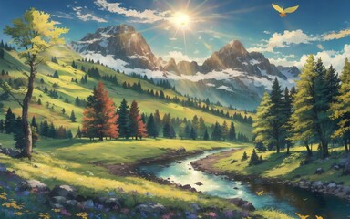 mountain landscape with snow, Mountain Valley Serenity