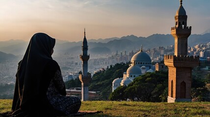 Silhouette of a devout man pray to the Allah on hill