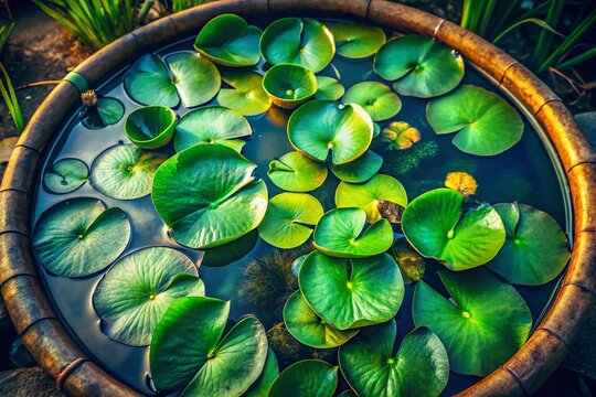 Vintage Photo: Lush Nymphaea Leaves in a Large Basin