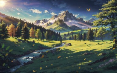 mountain landscape with lake and mountains