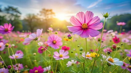Sunny fields of Cosmos flowers swaying gently in the breeze, wildflowers