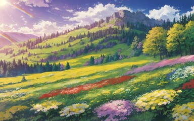 mountain landscape with flowers