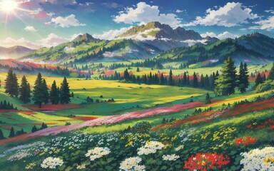 mountain landscape with flowers