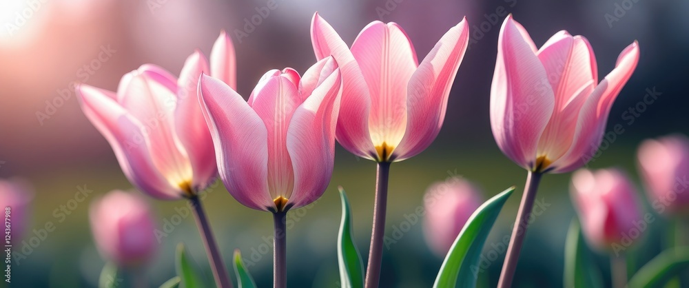 Poster Delicate pink tulips reaching for sunlight with a softly blurred background creating a serene floral atmosphere in springtime.