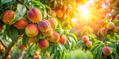 Sunlit Orchard Branch Heavy with Ripe Peaches Ready for Harvest