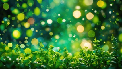 Obraz premium Nature-inspired abstract green bokeh background with soft lights creating a serene and tranquil atmosphere perfect for various design needs.