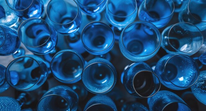 Vibrant collection of blue glassware showcasing intricate textures and shapes ideal for artistic and decorative themes.