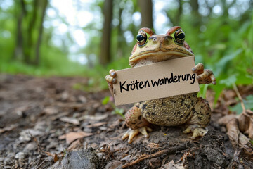 Kr&ouml;te h&auml;lt ein Schild mit Text Kr&ouml;tenwanderung 