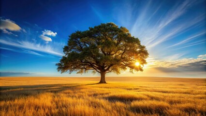 Obraz premium Serene Sunset Landscape with a Majestic Solitary Tree in a Golden Field