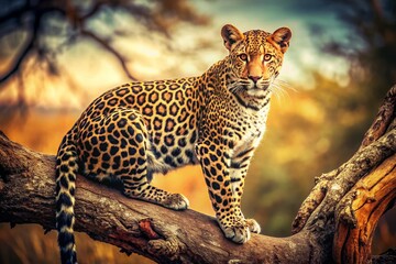 Fototapeta premium Vintage Serengeti Leopard: Majestic Cat on Branch in Tanzania