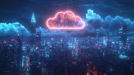 Obraz premium A glowing digital cloud icon hovers over a modern cityscape at night, symbolizing cloud computing, data storage, and smart city infrastructure