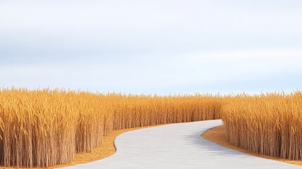 Winding Path Through Golden Wheat Field - A winding path cuts through a field of ripe golden wheat under a pale sky. Symbolizing journey, harvest, growth, nature, and peace.