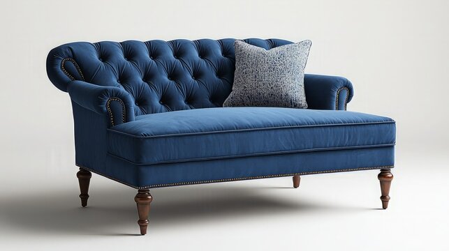 Blue velvet loveseat, tufted, wooden legs, neutral background, home decor.