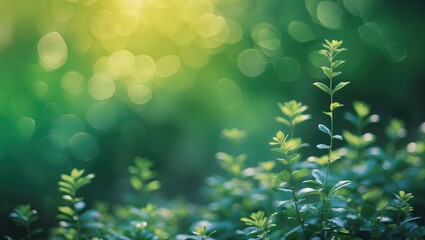 Obraz premium Serene Green Bokeh Background with Soft Light and Lush Foliage Ideal for Nature-Themed Designs and Relaxing Visuals.