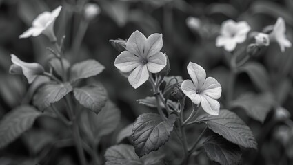 Black and White Close-Up of Periwinkle Flowers on a Plant with Delicate Leaves in a Soft and Elegant Composition