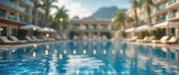 Luxury hotel resort swimming pool with a blurred background creating a serene atmosphere ideal for relaxation and leisure activities.