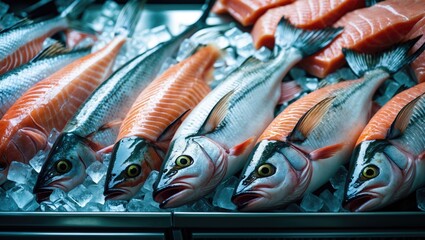 Fresh raw fish assortment displayed on ice in a seafood market showcasing quality and freshness for culinary enthusiasts and chefs.