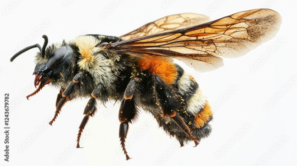 Poster a close-up image of a bee showcasing its intricate details and vibrant colors.