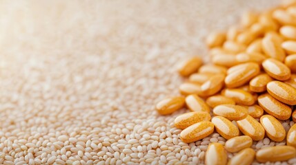 Fototapeta premium Closeup of individual vitamin tablets balanced atop whole grain rice grains, symbolizing equilibrium in nutrition
