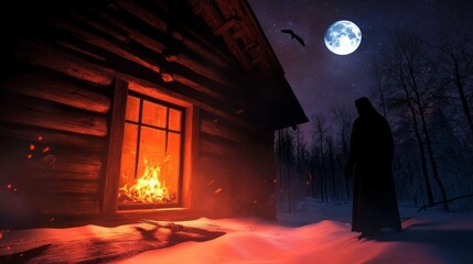 Winter's Solitude: Cabin by Night - A lone figure stands outside a snow-covered cabin, a warm fire glows within, under a full moon.  Symbolism: isolation, warmth vs. cold, mystery, hope, winter.