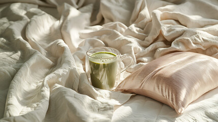 Morning serenity: a cup of matcha on a bed of soft linens, bathed in sunlight.
