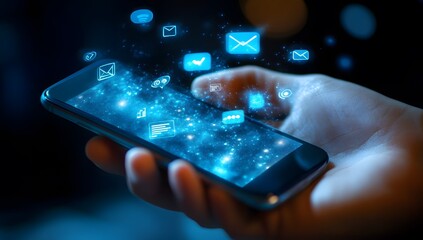 Person using smartphone with glowing chat icons, social media and communication concept