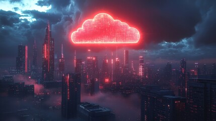 Obraz premium A glowing digital cloud icon hovers over a modern cityscape at night, symbolizing cloud computing, data storage, and smart city infrastructure