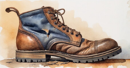 Watercolor Painting of an Old Torn Boot