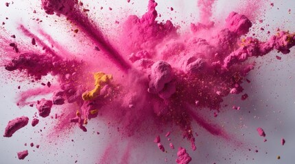 Dynamic explosion of vibrant pink and yellow powder creating an abstract colorful texture against a clean white background.
