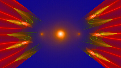 Sfondo blu con spirale di luce al centro e forme colorate laterali