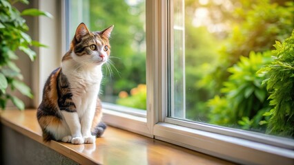 Adorable Calico cat sitting on a windowsill, looking out at the garden with a curious expression , animal