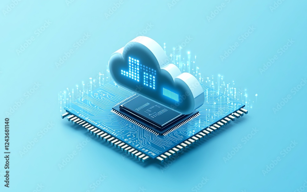 Poster illustration of a cloud symbol over a chip, representing secure cloud computing, emphasizing encrypt