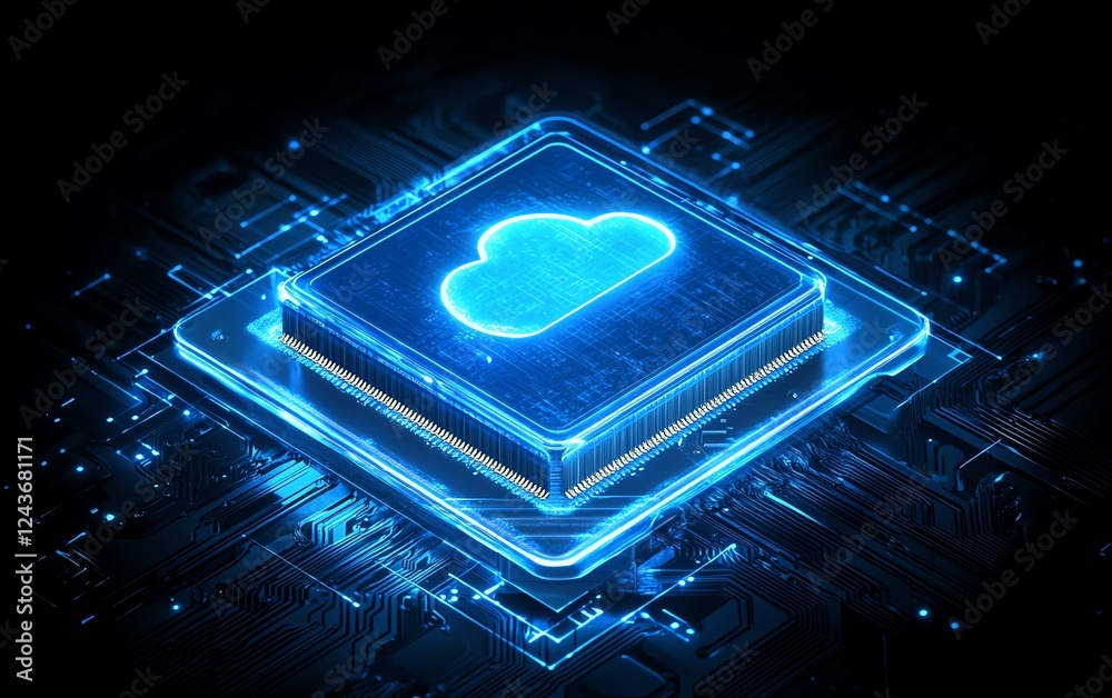 Poster illustration of a cloud symbol over a chip, representing secure cloud computing, emphasizing encrypt