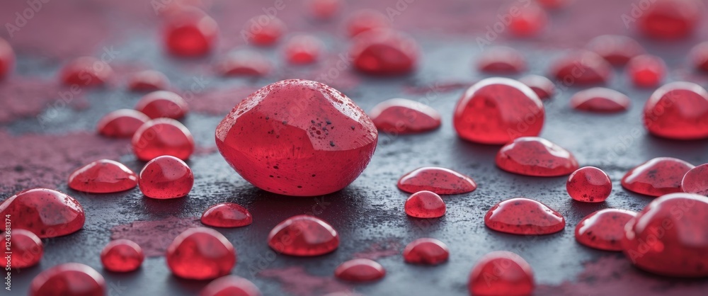 Poster red droplets on a textured surface creating an abstract background with a focus on reflections and v