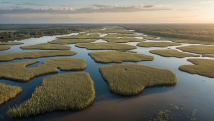 Fototapeta premium Aerial view of lush marshland with winding waterways and vibrant green vegetation under a serene sky at sunset
