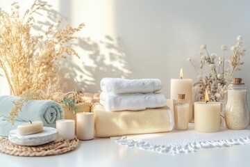 Conjunto de itens de spa com toalhas, velas e elementos decorativos em tons neutros, capturados com luz natural suave, criado com IA generativa.