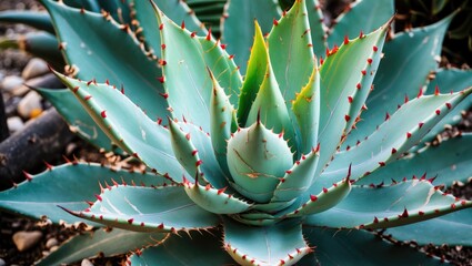 Agave Plant with Striking Green and White Leaves Surrounded by Desert Landscape Ideal for Nature and Gardening Themes